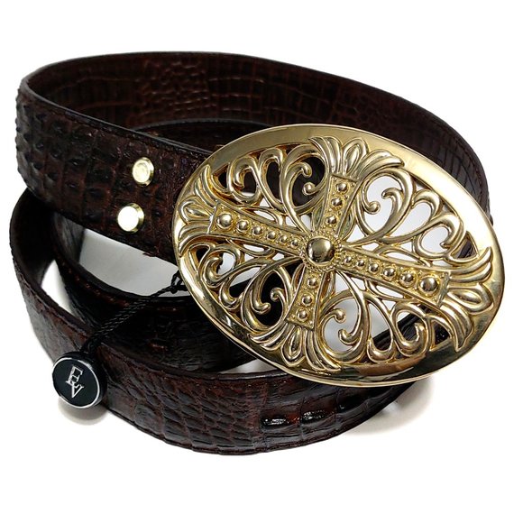 Handmade Gold Oval Buckle Brown Genuine Leather Crocodile Patterned Belt